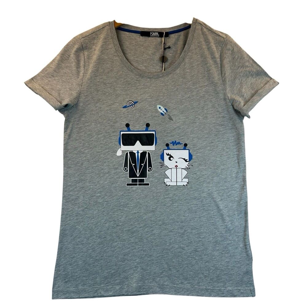 Karl Lagerfeld Karl & Choupette Robot Tee T-Shirt Women's Sz M Grey NWT